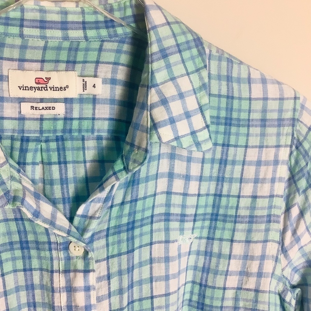 Vineyard Vines Women's Linen Relaxed Checks Button Down Shirt Size 4 - Picture 7 of 13